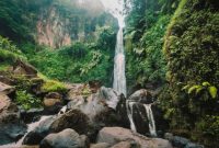 Seorang wisatawan tengah menikmati keindahan Curug Cilember, salah satu air terjun bertingkat di Bogor, dengan latar belakang hutan tropis yang rimbun dan asri. Suasana tenang di tengah gemericik air memberikan pengalaman relaksasi yang mendalam.