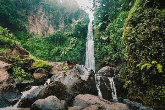 Seorang wisatawan tengah menikmati keindahan Curug Cilember, salah satu air terjun bertingkat di Bogor, dengan latar belakang hutan tropis yang rimbun dan asri. Suasana tenang di tengah gemericik air memberikan pengalaman relaksasi yang mendalam.
